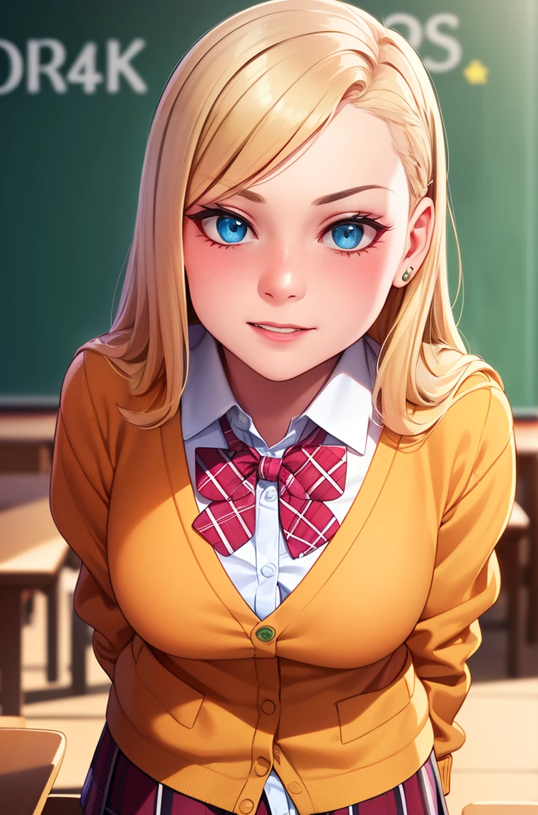 ((masterpiece, best quality, highres, UHD, perfect pixel, depth of field, 4k, RTX, HDR)), 1girl, single, solo, beautiful anime girl, official art, beautiful artstyle, anime character, ((long hair, parted bangs, blonde hair)), (green eyes:1.4, rounded eyes, beautiful eyelashes, realistic eyes), (detailed face, blushing:1.2), (smooth texture:0.75, realistic texture:0.65, photorealistic:1.1, anime CG style), medium breasts, perfect body, busty, (pov, close up), ((JK school uniform, plaid skirts, neck bowtie, cardigan)), natural light, indoor, classroom, school, sly smile, leaning forward, hands behind back