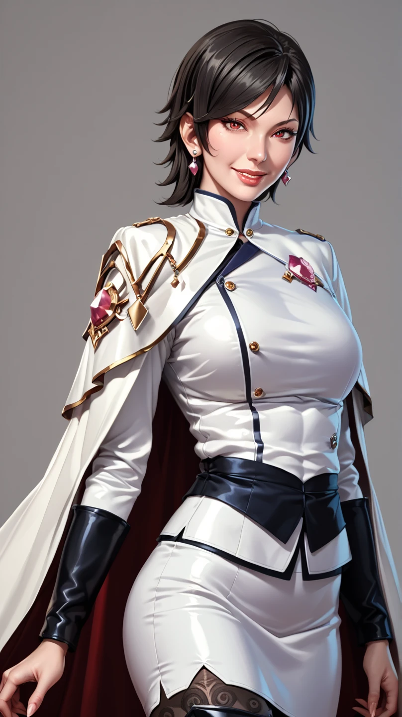 score_9, score_8_up, score_7_up, score_6_up, uncensored, rating_safe, BREAK,1 girl, mature female, tanned skin, black hair, red eyes,purple and white uniform, white skirt, black thighhighs, pencil skirt, thighs, cowboy shot, solo focus, solo, smile, large breasts, thighs, transparent background, hands on hip,