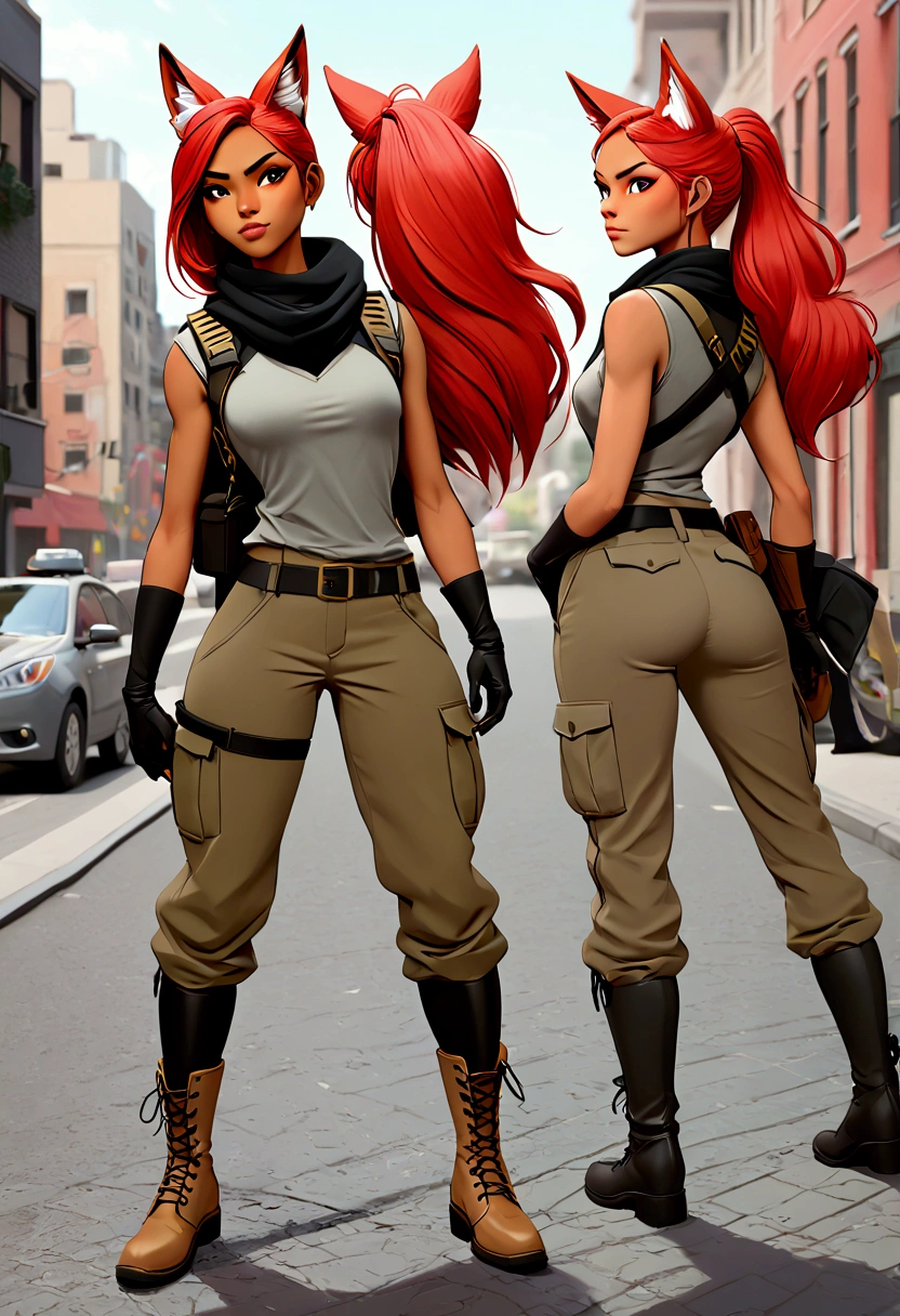 ( multiple angles /) Anthro fox girl ,()  brown skin, red hair, slim but normal  , high,  small tits  ,  small thin hips , normal waist,  foxtail ,  Fox ears  ,  small, ( style alya césaire ) ,,  commando beige military pants and gray sleeveless t-shirt under a tactical black vest and beige boots, with black knee and elbow pads , In the city with Mexican soldier  , thin face, uniform of soldier colá de fox  , special force  , 3D