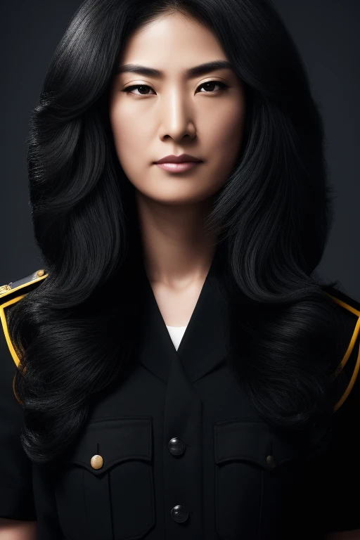 jet black hair,most very long hair,most very lion hair,most very wolf hair,most very frizzy hair,coarse hair,most very spread hairstyle,thick hair,fluffy hair,most very heavy weight hair,hair covering left eye,heavy looking hairstyle,most very voluminous hair,shiny jet black hair,female jail officer,black uniform,a heavy-looking uniform,black pants,tall woman,1 Japanese woman,woman's height 2.2m,most very strong face,most very angry face,black eyes,very close-up to face,most very muscle body,most very beautiful face,show more hair,high resolution,white background