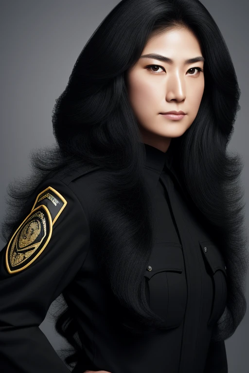 jet black hair,most very long hair,most very lion hair,most very wolf hair,most very frizzy hair,coarse hair,most very spread hairstyle,thick hair,fluffy hair,most very heavy weight hair,hair covering left eye,heavy looking hairstyle,most very voluminous hair,shiny jet black hair,female jail officer,black uniform,a heavy-looking uniform,black pants,tall woman,1 Japanese woman,woman's height 2.2m,most very strong face,most very angry face,black eyes,very close-up to face,most very muscle body,most very beautiful face,show more hair,high resolution,white background