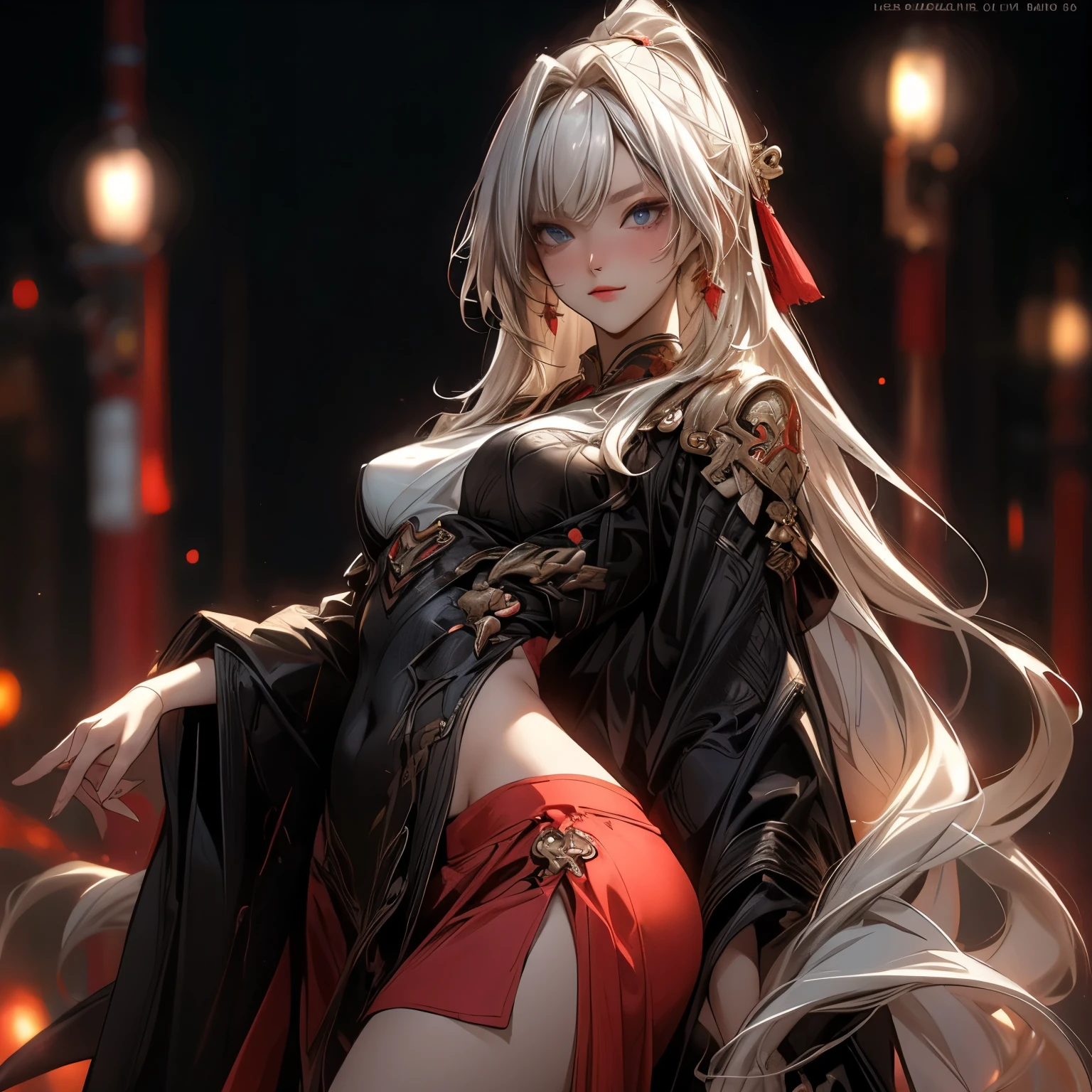 super high quality, masterpiece, Perfect illustration, Very detailed (Exquisite light and shadow, Very dramatic photo,Backlight) , ((Gray Hair:1.5))1 Girl,(( alone:1.6)), (Wearing Han clothes, Black and white Hanfu,Monotony,Long sleeve)  (White smoke:1.3) (Realistic:1.4), Official Art, unity 8k wallpaper, Very detailed, Beautiful and beautiful, masterpiece, Highest quality, (Dynamic Angle: 1.4), Glowing Skin, (Floating colorful flashes: 1) The most beautiful chaotic shapes, elegant, Brutalist Design, Bright colors, Romantic Depth of Field Exotic_dance, half_naked、Expose your shoulders、Ample breasts、Great cleavage、Lean forward
