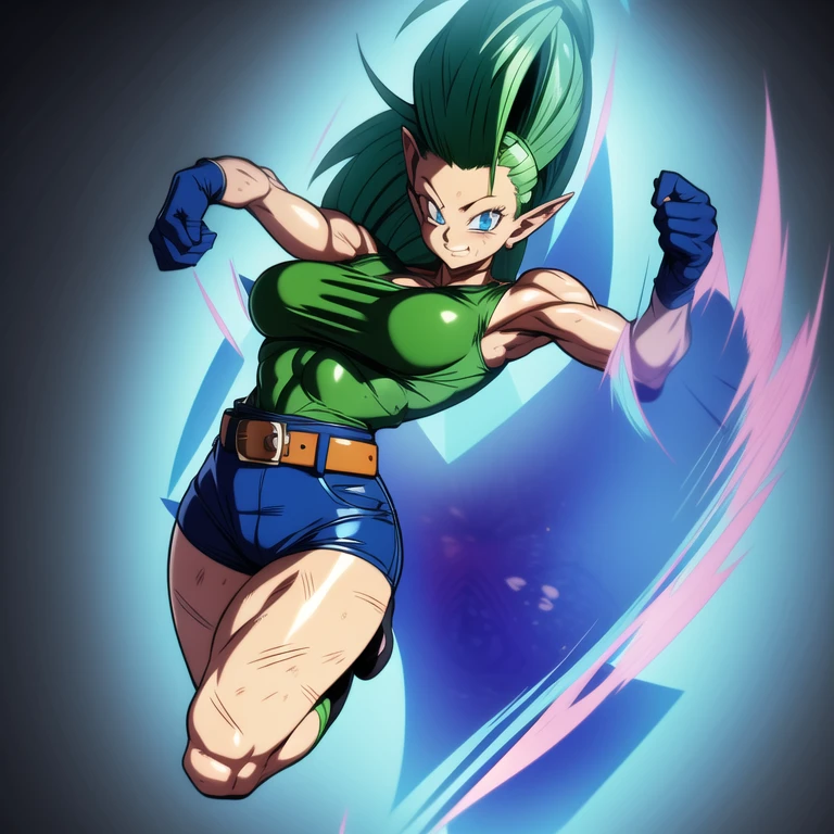 dbsuper style, 1
Girl, captain mizuki, green aura, super saiyan's aura, belt, pointed ears, elf ears, ocean-green colored hair, huge hair, bruise, bruise on face, clenched hands, frown, gloves, blue eyes, grey gloves, evil grin, medium breasts, Aura around her, solo, high ponytail, mouth opened, furious, Magician's clothes, Long skirt with under-shorts,  powering up aura
, ((masterpiece)) 
