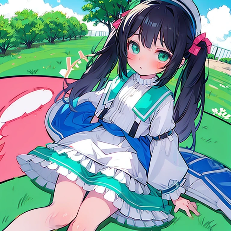 Sweet  Loli ， turquoise, three ponytails and soft clothes， vegetable garden plants. Clover anthropomorphic 