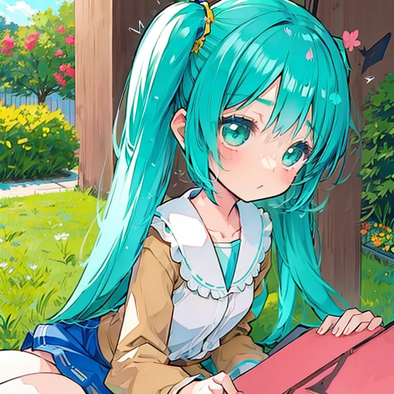 Sweet  Loli ， turquoise, three ponytails and soft clothes， vegetable garden plants. Clover anthropomorphic 