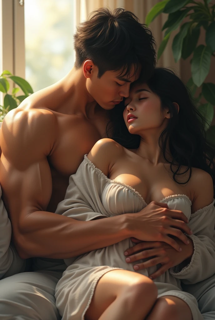 (((man and woman having sex in cowgirl position))) (1 gorgeous malay girl wearing thongs and arm sleeve, topless, wearing plain hijab, she havin sex with 1 handsome man 40 years old with slick back hair, he is shirtless and wear panties) ((he is having sex with her)), dynamic pose, ultra realistic, masterpiece, maximum quality, detailed skin texture, skin pores, film grain, eyes closed, skin marks, moles, highly detailed skin, fantasy flower garden, (flowers blooming densely in background), lisianthus, pale pink and light azure color grading, surreal and dreamy environment, ethereal foliage, high contrast, ink strokes, over exposure, abstract, (watercolor painting by John Berkey and Jeremy Mann, brush strokes), flower petals and leaves flying blown by wind, film grain, film noise, cinematic composition ((KAMASUTRA))