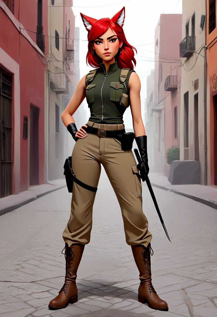 ( multiple angles /) Chica zorro con oreja y  foxtail  piel morena, red hair, slim but normal  , high,  small tits  ,  small thin hips , normal waist,  foxtail ,  Fox ears  ,  small, ( style alya césaire ) ,,  commando beige military pants and gray sleeveless t-shirt under a tactical black vest and beige boots, with black knee and elbow pads , In the city with Mexican soldier  , thin face, uniform of soldier colá de fox  , special force  , 3D