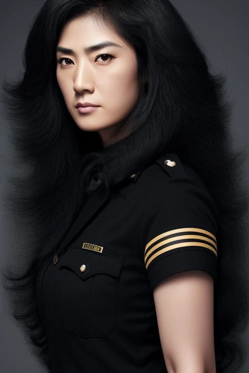 jet black hair,most very long hair,most very lion hair,most very wolf hair,most very frizzy hair,coarse hair,most very spread hairstyle,thick hair,fluffy hair,most very heavy weight hair,hair covering left eye,heavy looking hairstyle,most very voluminous hair,shiny jet black hair,female jail officer,black uniform,a heavy-looking uniform,black pants,tall woman,1 Japanese woman,woman's height 2.2m,most very strong face,most very angry face,black eyes,very close-up to face,most very muscle body,most very beautiful face,show more hair,high resolution,white background