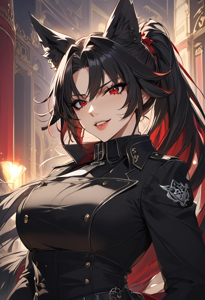 beautiful anime woman wearing a black military trench coat, tight black jeans pants, wolf ears, wolf tail, half wolf and half human, red eye color, black hair in a ponytail, light novel art, detailed anime art, anime, regal, royal, sexy, thicc, beautiful feminine facial features, flirtatious, sultry, slutty, petite, sharp canines, aheago, villain, all black clothing, high quality, very detailed anime art, feminine, slender face, military general vibes, pretty girl, good lighting, close up shot of face, red highlights, lewd smile, cute, naughty wolf girl, naughty and silly lewd expression, very horny wolf girl, bad bitch, naughty slut, bad girl 