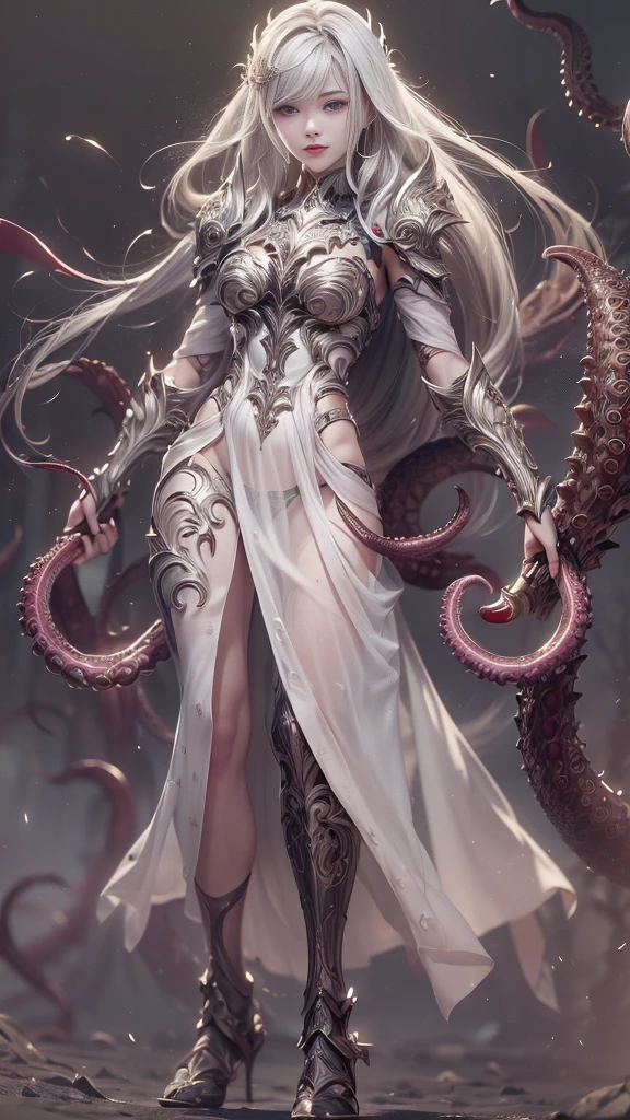 Standing barefoot, white snake (anthropomorphic, beauty, elongated horns on head), with snake tail, ultra-realistic, clear details, (full body), 8k, (original), cg, skin scales, fracture, masterpiece, original photo, sfw, dirty (0.8), (blood: 0.7), (super detailed), sharply focused, pastel colors, 8k, 8mm, shiny, gel particles, war photography
