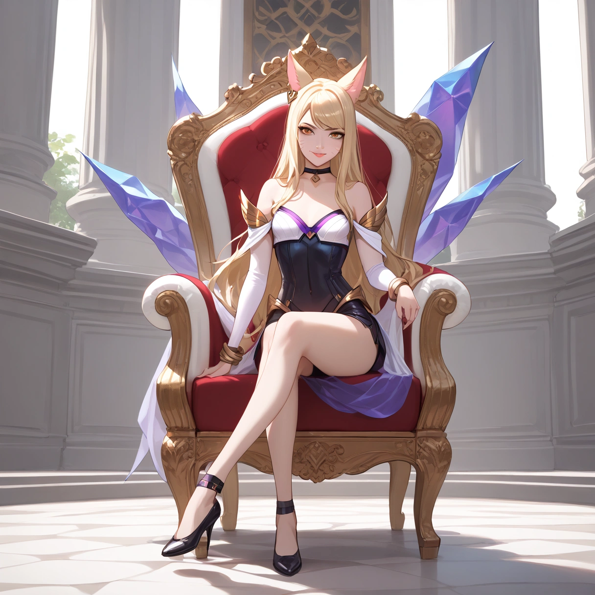 ((full body photo, standing, feet on the ground)) KDA Ahri LoL PD, masterpiece, best quality, (sitting on throne, legs crossed, showing feet, profile photo), highly detailed, score_9, score_8_up, score_7_up, score_6_up, anime font ,BREAK, 2girl, solo, long hair, blue eyes, flower, small breasts, bow, looking at viewer, freckles, parted lips, smile, full body, lips red, lips, leather ballet shoes, side photo, she looks at you, fishnets, white background, neutral cast
