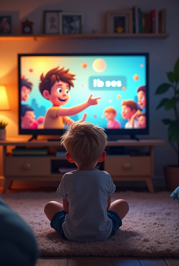 A 7- boy sitting front of tv 16:9 image from back