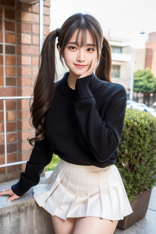 Standing in a large room、Cute grey hair、Young girl with twin tails、Japanese、Makeup and a pretty face like an idol、Smiling、Cute outfitini skirt、Full body portrait