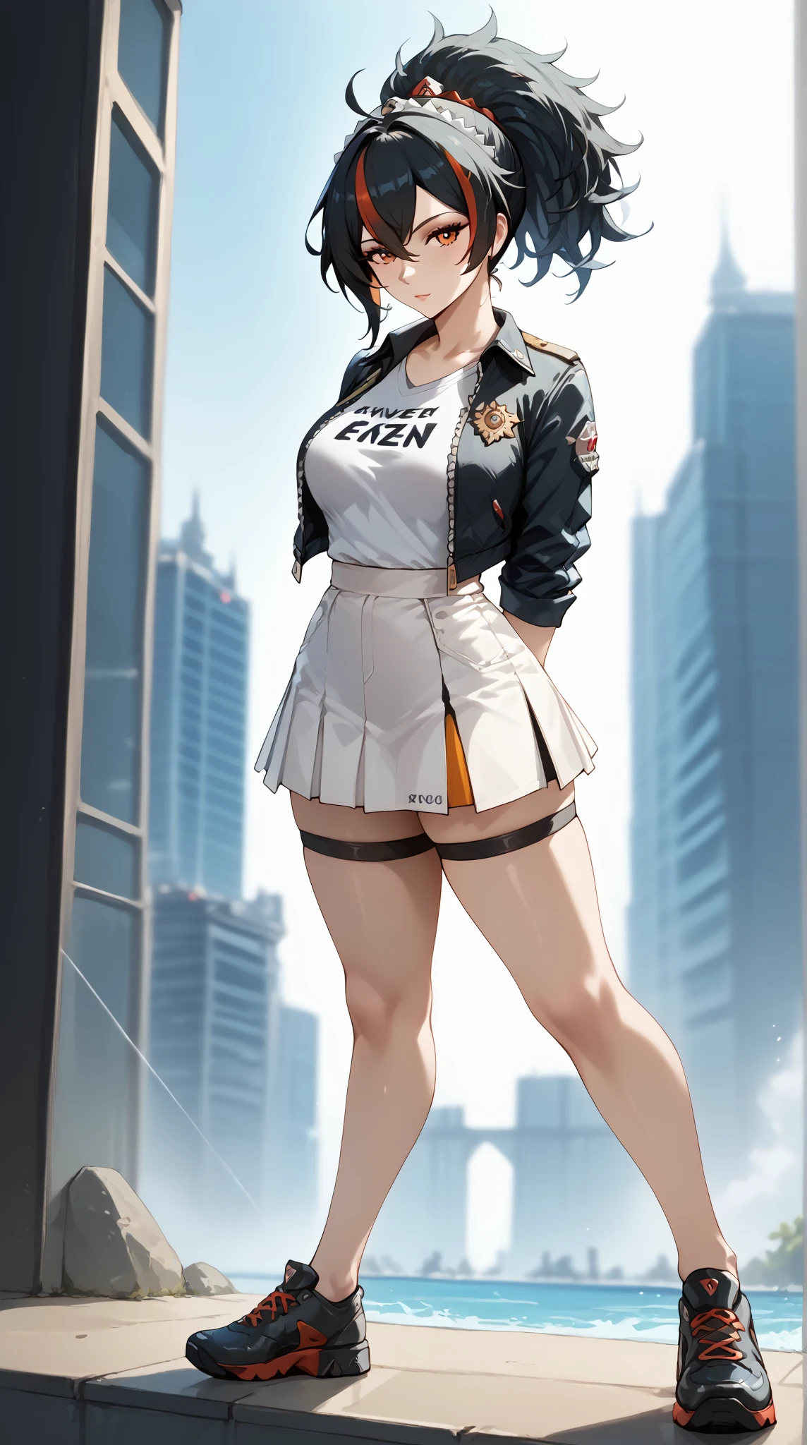 ((best quality)), masterpiece,looking at viewer,full body,arms behind back Zhu Yuan from Zenless Zone Zero, with ponytail hair featuring black hair, STREAKED HAIR AT THE MIDDLE HAIR. She possesses a perfect body with notably large breasts, standing upright and making direct eye contact with the viewer.white slimfit tshirt,white skirt, with her arms elegantly positioned behind her back, showcasing long, enticing legs.