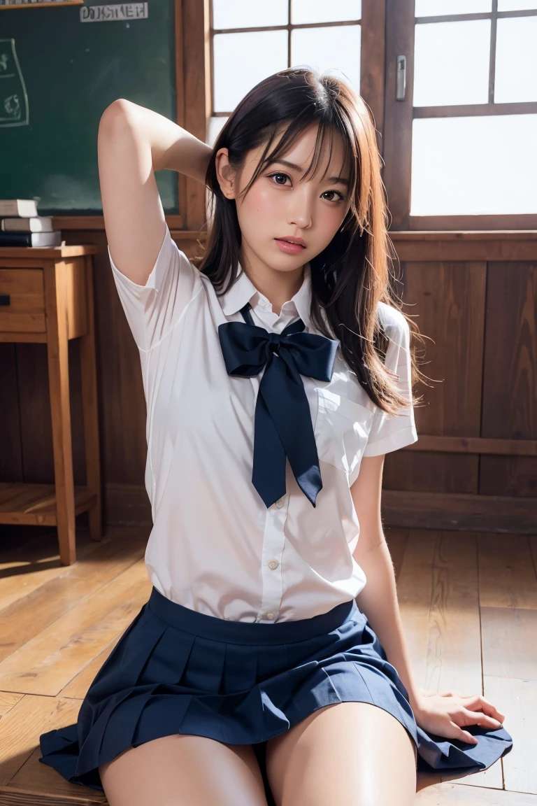 masterpiece, Highest quality, 8k, Young and beautiful girl, 、10 years oot, Cute Face, Thighs, Classroom after school,  ((Embarrassing))No makeup, 10 generations, Detailed face, Background Blur、Long Hair、Black Hair、Tight waist、((((uniform、White shirt、Checked mini skirt、Lift up your skirt、White tiny panties))))