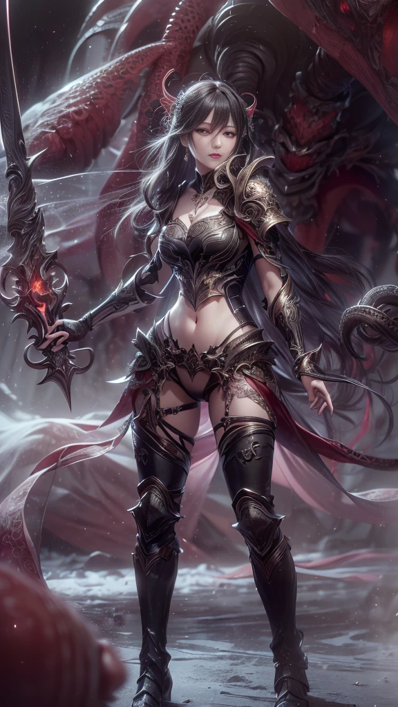 (((masterpiece, of the highest quality, super detailed))), (a female knight of an occult order), ((((a sword with a digital glitch-like effect to the blade as though it is rapidly flickering in and out of reality, with a very slight warping effect around it similar to gravitational lensing, is floating next to her)))), Edwardian/Victorian era inspired, ((minimal but intricate beautiful armour)), Fluttering lace flared dress with frilly petticoats, ((((Highly detailed face))), (((Very sharp focused eyes))), very long eyelashes, small breasts, (((flat chest:1.1))), occult aesthetic, (red and white clothing detailed and intricate steampunk and detailed gothic), (with a hood), complex lace boots
