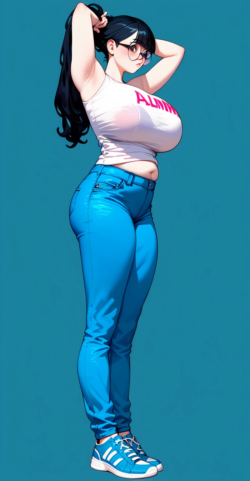 Woman. 31 years old. 1.80m tall. 86kg weight. Lanky, long limbs. Wide hips and wide shoulders. Slight belly paunch. Wavy black hair with long bangs. Hair pinned up in the back. Massive torpedo shaped breasts stretching against her thin sweatshirt. Boot cut dark blue jeans. Natural hemp sneakers. Roman nose. Round face, full face. Intellectual, reserved. Big thick-rimmed glasses. Friendly, shy demeanor.