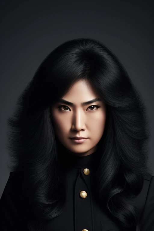 jet black hair,most very long hair,most very lion hair,most very wolf hair,most very frizzy hair,coarse hair,most very spread hairstyle,thick hair,fluffy hair,most very heavy weight hair,hair covering left eye,heavy looking hairstyle,most very voluminous hair,shiny jet black hair,female jail officer,black uniform,a heavy-looking uniform,black pants,tall woman,1 Japanese woman,woman's height 2.2m,most very strong face,most very angry face,black eyes,very close-up to face,most very muscle body,most very beautiful face,show more hair,high resolution,white background