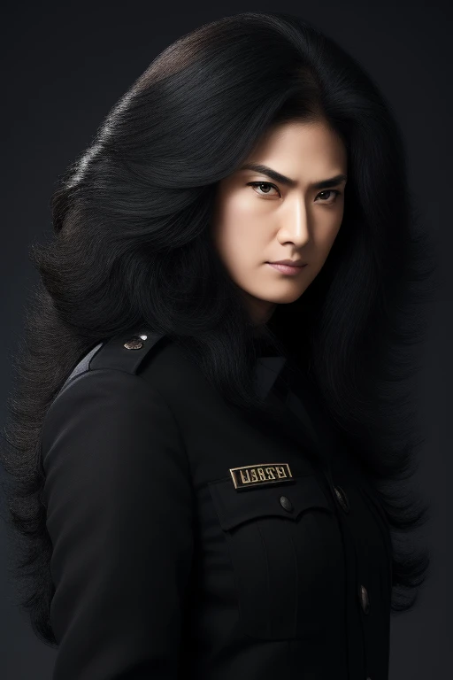 jet black hair,most very long hair,most very lion hair,most very wolf hair,most very frizzy hair,coarse hair,most very spread hairstyle,thick hair,fluffy hair,most very heavy weight hair,hair covering left eye,heavy looking hairstyle,most very voluminous hair,shiny jet black hair,female jail officer,black uniform,a heavy-looking uniform,black pants,tall woman,1 Japanese woman,woman's height 2.2m,most very strong face,most very angry face,black eyes,very close-up to face,most very muscle body,most very beautiful face,show more hair,high resolution,white background