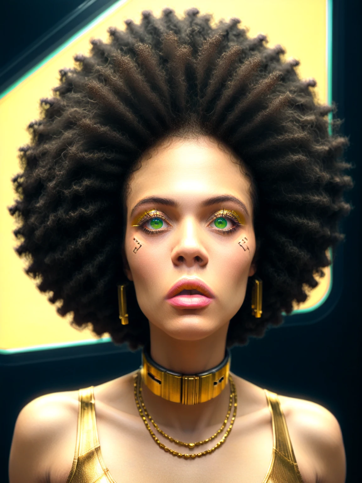 Girl in gold body sexy jewelry, Highly Detailed Face and Skin Texture, big green eyes, juicy lips, bimbo lips, white skin, (afro curly Black hair), pale skin, Detailed Eyes, Double Eyelids, afro curly black  hair, cyberpunk gold metal mikro BDSM, gold metal cyberpunk tapes, metal Collar, metal gold futuristic mikro Panties t-strings, metal panties, metal mikro bra, metal clothes, gold body jewelry, wet skin. White skin, she is on the futuristic cyberpunk white and Black room in the spacecraft. Piercing in the nose.