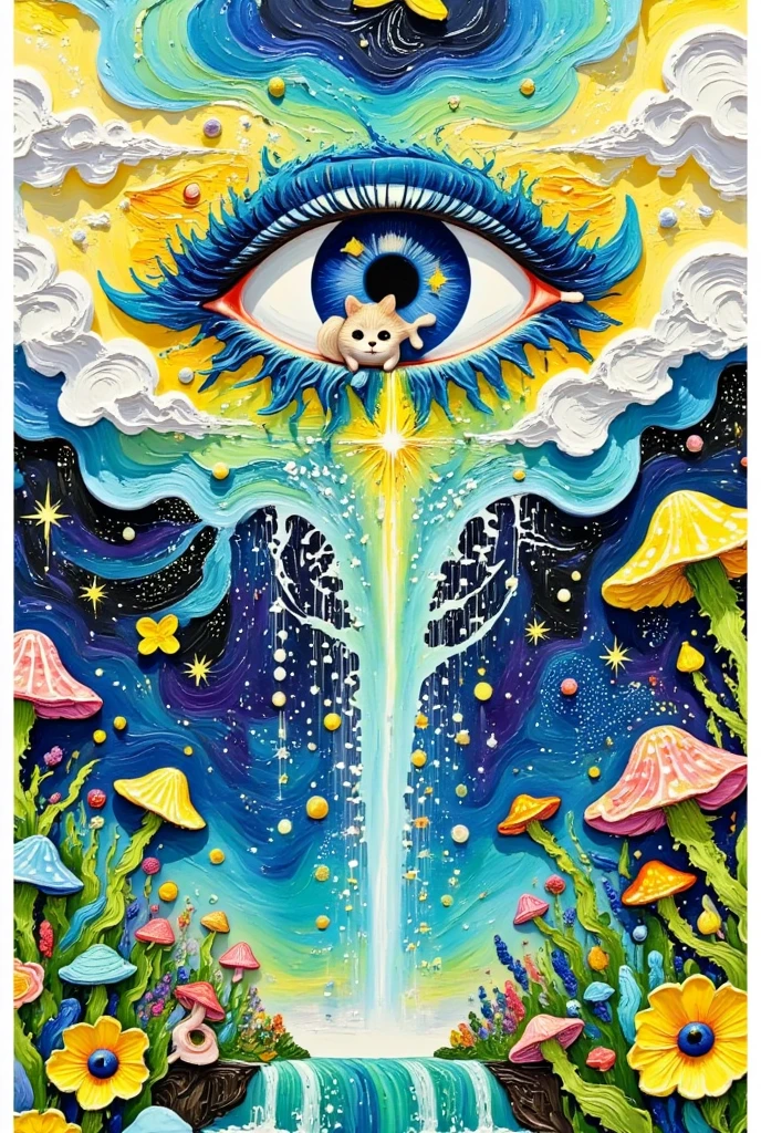    A surreal abstract painting  ，One Eye， There is a door in the eye  ,    inside the door  ,   There is a kitten living in the door {x} eyes and the plants and flowers in the house，   pearl-like tears flow   ,  Tears flow into a river   , fish,  Fantastic illustrations , Layered clouds  