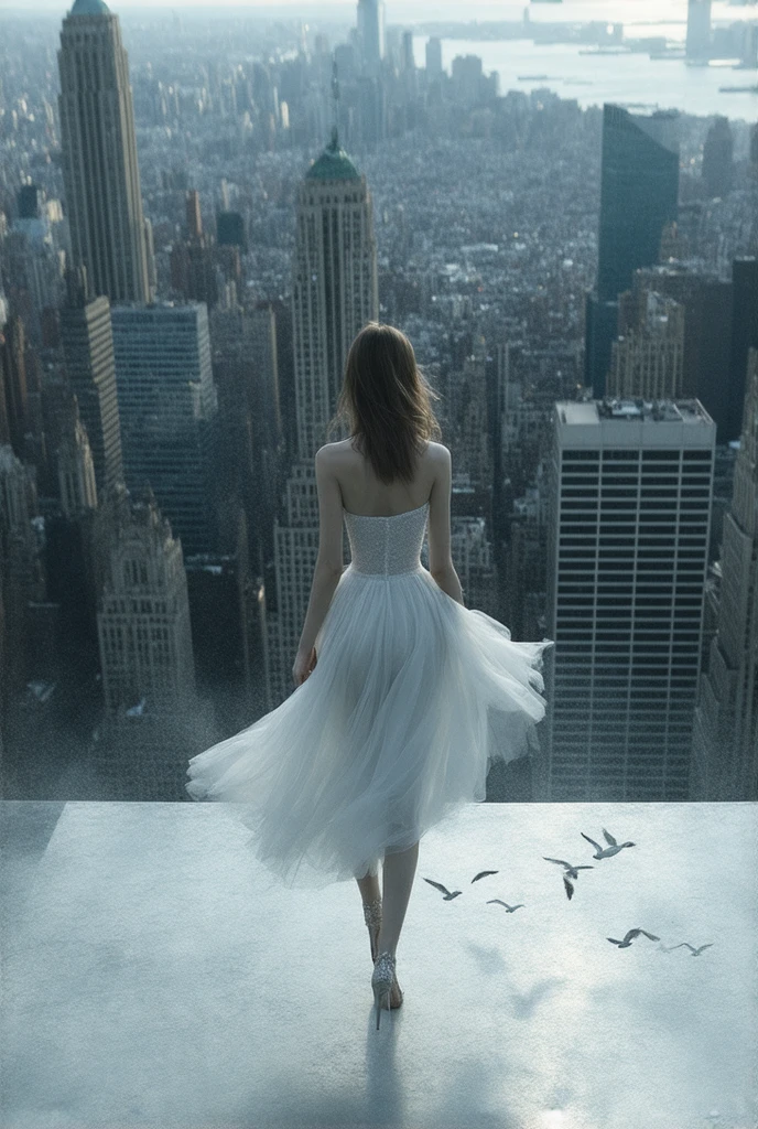 ((Masterpiece, Top Quality, High Resolution, Photorealistic, Extremely detailed CG unified 8k wallpaper)), A woman walking in the city, a view from above, a bird's eye view, a glance at the woman's feet, tight skirts, high heels, silhouettes of a flock of birds flapping their wings on the asphalt,