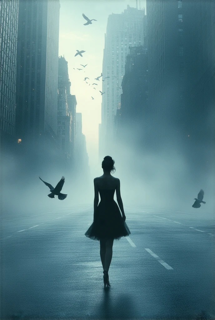 ((Masterpiece, Top Quality, High Resolution, Photorealistic, Extremely detailed CG unified 8k wallpaper)), A woman walking in the city, a view from above, a bird's eye view, a glance at the woman's feet, tight skirts, high heels, silhouettes of a flock of birds flapping their wings on the asphalt,