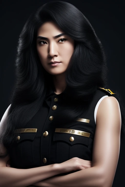 jet black hair,most very long hair,most very lion hair,most very wolf hair,most very frizzy hair,coarse hair,most very spread hairstyle,thick hair,fluffy hair,most very heavy weight hair,hair covering left eye,heavy looking hairstyle,most very voluminous hair,shiny jet black hair,female jail officer,black uniform,a heavy-looking uniform,black pants,tall woman,1 Japanese woman,woman's height 2.2m,most very strong face,most very angry face,black eyes,very close-up to face,most very muscle body,most very beautiful face,show more hair,high resolution,white background