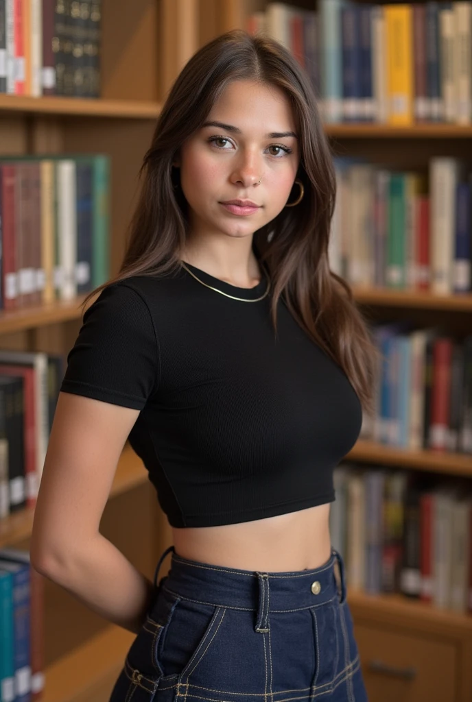 best quality, masterpiece, photo realistic, 8k, 4k, extreme res, ultra high, looking_at_viewer,hourglass figure, thin body, skinny body, petite_body, big milkers, thick thighs, long fingernails, tight crop top, school skirt, hoop earrings, slty)), slim hips, massive cleavaga, in school library 18 year old
