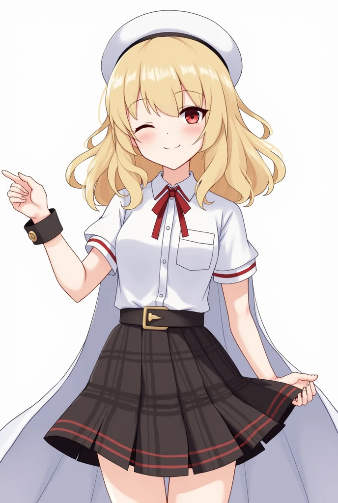 Misaki Shokuhou, Misaki Shokuhou, Blonde hair, hair between eye, Long hair, (symbol-shaped pupils:1.5), (Yellow eyes:1.5), Break Elbow Gloves, (Light brown sweater vest:1.2), White shirt, (Black bra), Pleated skirt, Miniskirt, (Best Quality, 8K, 32K, masutepiece, nffsw:1.3), 1girl in, (Abs, Slender figure, Perfect body :1.2), ((Very detailed)), (Perfectly detailed face), (Highly detailed hands), Smile, blush, White panty,up skirt,Lace panties, Girl seen from the floor, It's okay to wear a skirt, View from below, I can see my panties, cleavage cutout, Large breasts, White background,