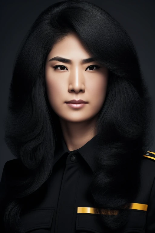 jet black hair,most very long hair,most very lion hair,most very wolf hair,most very frizzy hair,coarse hair,most very spread hairstyle,thick hair,fluffy hair,most very heavy weight hair,hair covering left eye,heavy looking hairstyle,most very voluminous hair,shiny jet black hair,female jail officer,black uniform,a heavy-looking uniform,black pants,tall woman,1 Japanese woman,woman's height 2.2m,most very strong face,most very angry face,black eyes,very close-up to face,most very muscle body,most very beautiful face,show more hair,high resolution,white background