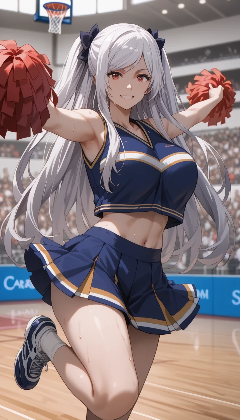 Source anime, Tall girl, Fit girl,score_9, score_8_up, score_7_up, score_6_up, uncensored, alexia midgar, long hair, black hair ribbon, white hair, red eyes, sidelocks, ribbon, huge breast, 1girl, cheerleader, pom_pom_(cheerleading), solo, white_background, simple_background, skirt, smile, looking_at_viewer, long_hair, sweat drop, basketball court, crowd, blurry backgrounds, Hands up, arms outstretched, one leg up, cheering 