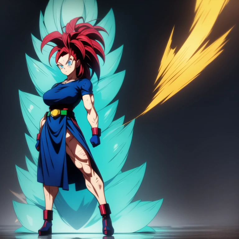 dbsuper style, 1
Girl, captain mizuki, green aura, super saiyan's aura, belt, pointed ears, elf ears, Red colored hair, huge hair, bruise, bruise on face, clenched hands, frown, gloves, blue eyes, grey gloves, evil grin, medium breasts, Aura around her, solo, high ponytail, mouth opened, furious, Magician's clothes, Long skirt with under-shorts,  powering up aura
, ((masterpiece)) 
