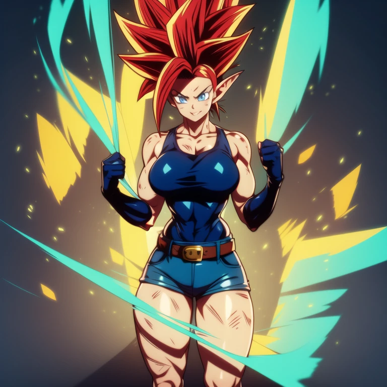 dbsuper style, 1
Girl, captain mizuki, green aura, super saiyan's aura, belt, pointed ears, elf ears, Red colored hair, huge hair, bruise, bruise on face, clenched hands, frown, gloves, blue eyes, grey gloves, evil grin, medium breasts, Aura around her, solo, high ponytail, mouth opened, furious, Magician's clothes, Long skirt with under-shorts,  powering up aura
, ((masterpiece)) 
