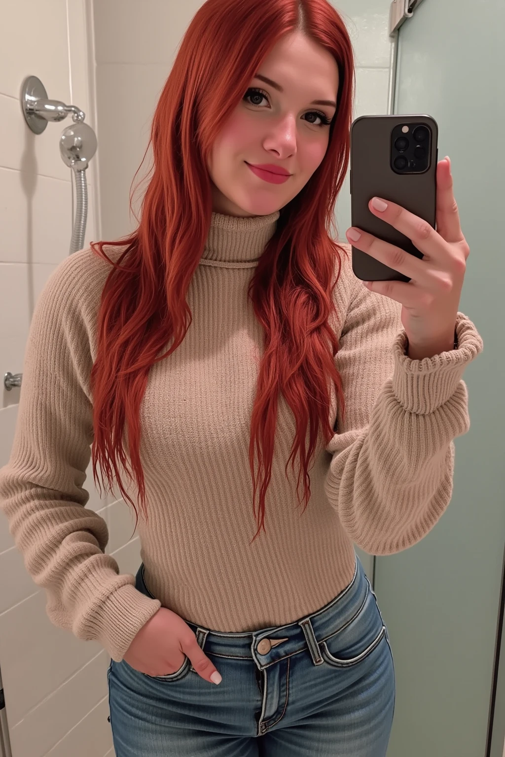 MadiKat, An extremely high resolution photograph of a beautiful redhead woman. She is taking a selfie while taking a shower and wearing a turtleneck sweater and jeans. Her clothes and hair are wet. The shower is on. Vivid and saturated colors.