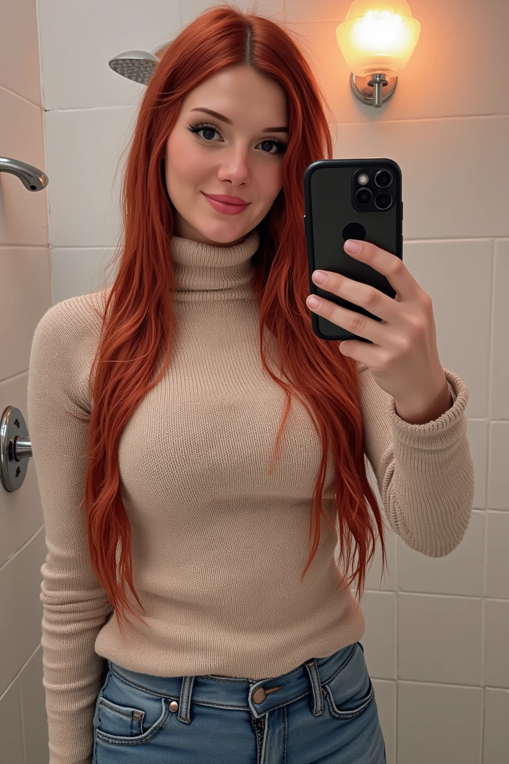 MadiKat, An extremely high resolution photograph of a beautiful redhead woman. She is taking a selfie while taking a shower and wearing a turtleneck sweater and jeans. Her clothes and hair are wet. The shower is on. Vivid and saturated colors.