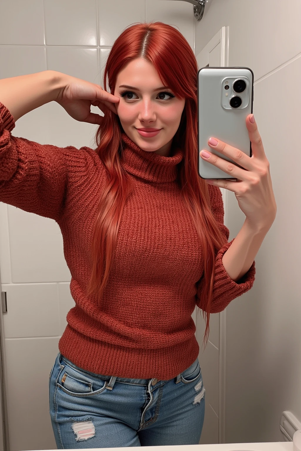 MadiKat, An extremely high resolution photograph of a beautiful redhead woman. She is taking a selfie while taking a shower and wearing a turtleneck sweater and jeans. Her clothes and hair are wet. The shower is on. Vivid and saturated colors.