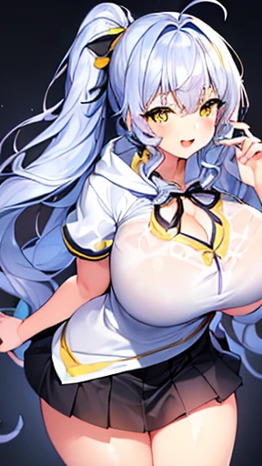 Kira Sayuri, grey hair, long hair, center parted bangs, ahoge, purple eyes,, live stage, large breasts,, Live Stage, solo ,nsfw, nipple, Peeing, lactation, projectile lactation