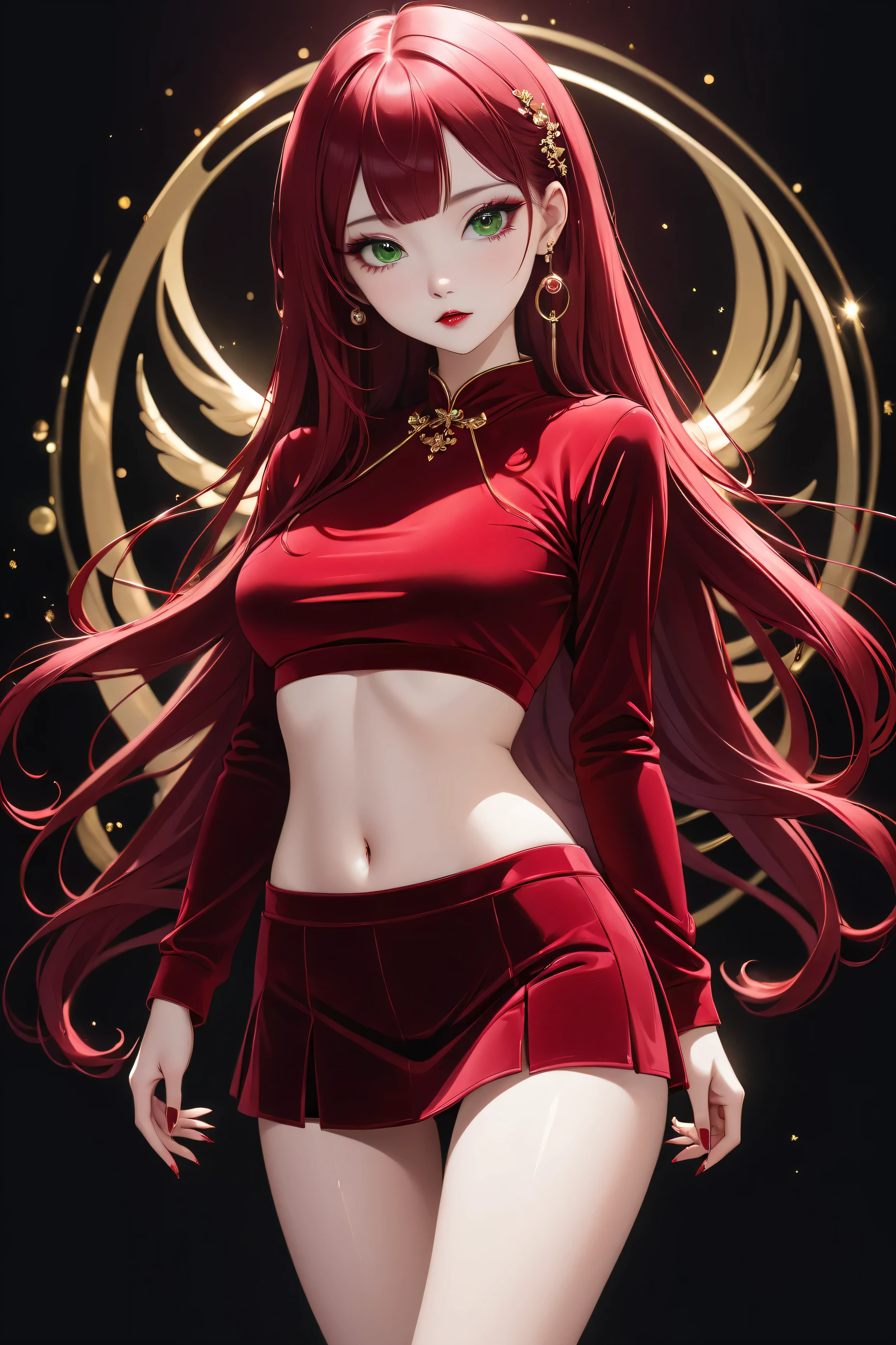 Surreal and cinematic picture of a young asian, slim fit young teen girl, round face, full crimson lips, super slim waist, extremly long skinny legs, navel percing, big gold ear ring, blushing cheeks, very long straight dark ruby red hair, pale white skin, big green eyes, ulzzang, long eyelashes, wearing a tight, long-sleeved, crimson velvet crop top, crimson velvet mini skirt, black background, (arms behind back), cleavage, underboob, big breasts,
