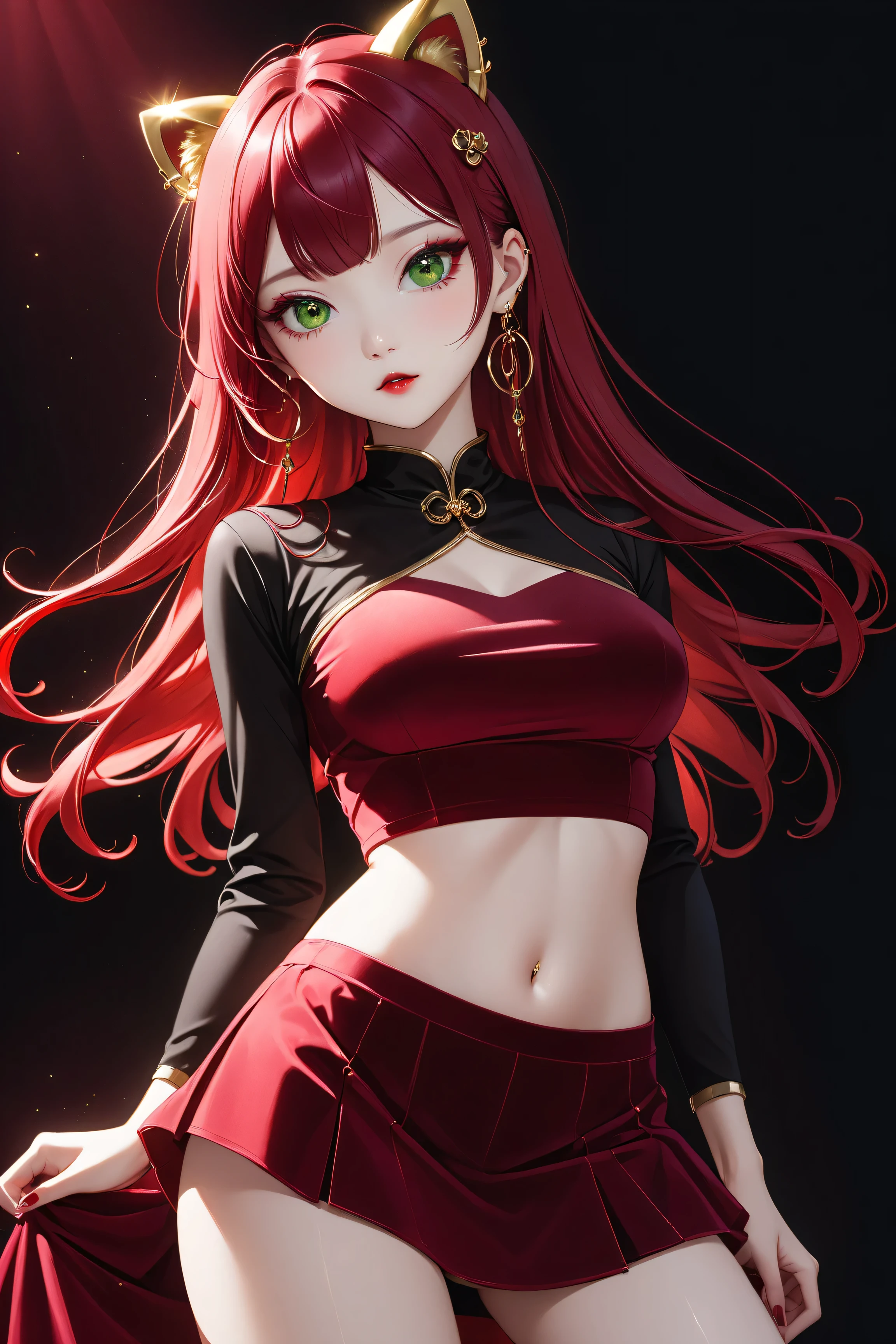 Surreal and cinematic picture of a young asian, slim fit young teen girl, round face, full crimson lips, super slim waist, extremly long skinny legs, navel percing, big gold ear ring, blushing cheeks, very long straight dark ruby red hair, pale white skin, big green eyes, ulzzang, long eyelashes, wearing a tight, long-sleeved, crimson velvet crop top, crimson velvet mini skirt, black background, (arms behind back), cleavage, underboob, big breasts,