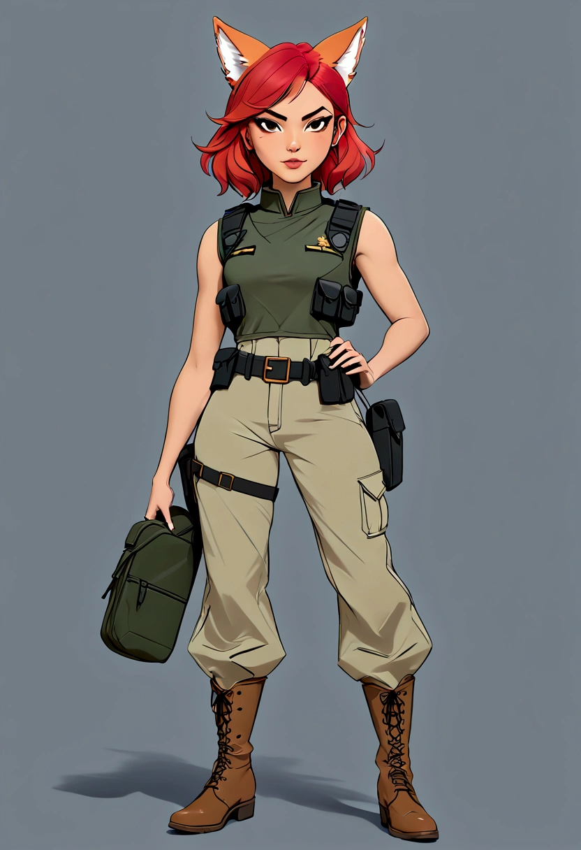 ( multiple angles /) Chica zorro con oreja y  foxtail  piel morena, red hair, slim but normal  , high,  small tits  ,  small thin hips , normal waist,  foxtail ,  Fox ears  ,  small, ( style alya césaire ) ,,  commando beige military pants and gray sleeveless t-shirt under a tactical black vest and beige boots, with black knee and elbow pads , In the city with Mexican soldier  , thin face, uniform of soldier colá de fox  , special force  , 3D