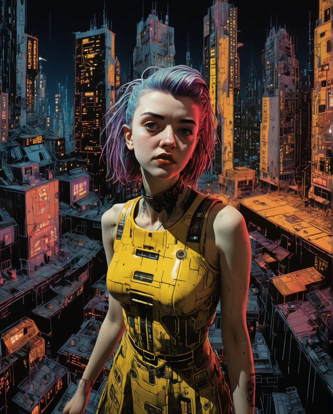 Full body, Analog style, Tile shot, (Selfie:1.8), 1 girl in dress, Cheerful, Eyes upturned, (Cyberpunk:1.8, Cyberpunk city background:1.8), ((Cutest face:1.8, Perfect face:1.3)), (Half-tied hair, Multicolored hair:1.4, Pale skin:1.5), (From top:1.4), Best quality, epicd (by Lee Jeffries photo, Sony A7, 50mm, Porosity:1.5, Color, Hyperdetail:1.5, Film grain:1.4, Hyperrealistic:1.5), Octane rendering, Ultra-realistic textures, masutepiece, Unreal Enginee 5, Extremely detailed 8K Unity CG wallpaper, Extremely detailed photo, Ultra-realistic lighting, (Pulitzer Prize in Photography、Taylor Wessing Prize in Photography).., Maximalist art, By Moebius and Hariton Pushwagner (Ambient light blocking, Excellent, Beautiful). Poster art. Bold lines. Avant-garde detail. Expressive. Award winning (Landscape: 1.4). (Intricate detail. Masterpiece. Best quality: 1.4). Looking at the viewer. Dynamic poses. Wide angle view. In the style of Nicola Samori. Futuristic, sleek, ultra-modern, hi-tech. Embellishments by Moebius and by Marc Simonetti. Clean lines, geometric shapes. Minimalist color scheme of reds and blues. Mkitdecy, rust, cracks, brutality. Style by Tom Jung and Drew Struzan and Tim and Greg Hildebrandt. ((Style by Artgerm and Greg Manchess and Ilya Kuvshinov))