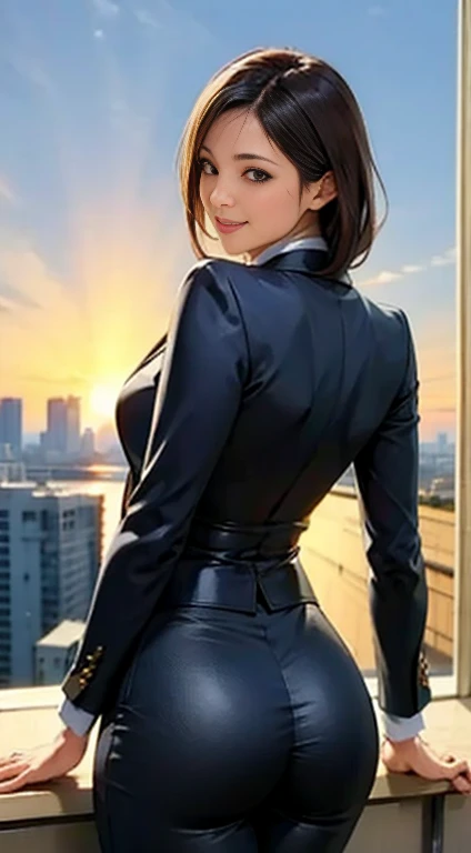 ( best quality, 8k, 32K,   Masterpiece ,    Ultra High Definition :1.2),   one mischievous girl,  Cute Japanese , Waistline, grey suit,   the office lady overlaps with the sunset , suit,   office room, I put my ass out,  Thick Ass , (  panty line,   chest hanging from behind ,   tight pants, skinny pants suit:1.3), ( Viewers, Looking Back,    detailed face  ,   double eyelids, smile)