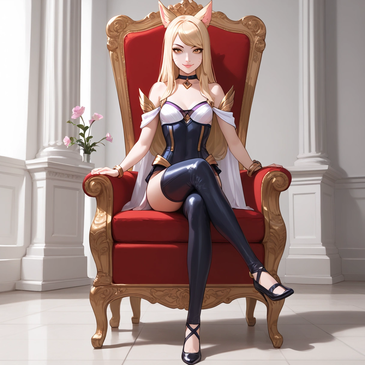 ((full body photo, standing, feet on the ground)) KDA Ahri LoL PD, masterpiece, best quality, (sitting on throne, legs crossed, showing feet, profile photo), highly detailed, score_9, score_8_up, score_7_up, score_6_up, anime font ,BREAK, 2girl, solo, long hair, blue eyes, flower, small breasts, bow, looking at viewer, freckles, parted lips, smile, full body, lips red, lips, leather ballet shoes, side photo, she looks at you, fishnets, white background, neutral cast
