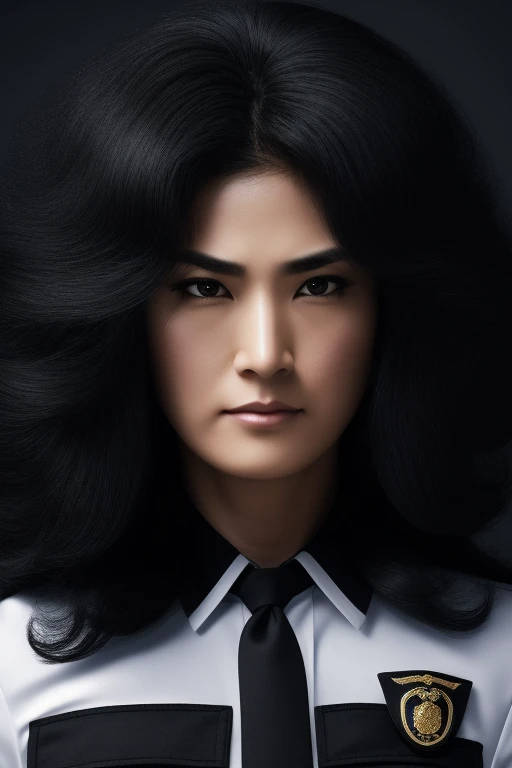 jet black hair,most very long hair,most very lion hair,most very wolf hair,most very frizzy hair,coarse hair,most very spread hairstyle,thick hair,fluffy hair,most very heavy weight hair,hair covering left eye,heavy looking hairstyle,most very voluminous hair,shiny jet black hair,female jail officer,black uniform,a heavy-looking uniform,black pants,tall woman,1 Japanese woman,woman's height 2.2m,most very strong face,most very angry face,black eyes,very close-up to face,most very muscle body,most very beautiful face,show more hair,high resolution,white background