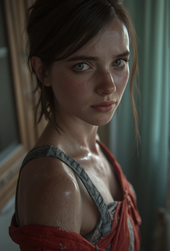 i CINEMTIC FULL BODY PICTURE OF 1girl, sexy  CUTE Cumface girl, Ellie from Last of us, cute face, gorgeous, ((skinny anorexic  body)), (body heigth:177cm), cute, pretty face, pale skin, green eyes, full shiny lips, parted lips, skinny thighs , skinny, big head, innocent look, looking at camera, young face, looking from behind, hd feet and 25 INCH PLATFORM HIGH HEELS heels, no pants, white and blue lines panty, tight panty, showing ass, showing behind, red shirt with gray sleeves, white frilly tight socks, sweaty, cumface woman with lots of white, sticky, wet, dripping whitectransucent cum all over here face, Cum all over here hair and body, white translucent cum is dripping down cumshot, lots of sticky cum, (lots of cum is dripping down on there tits and bodyShe is standing in here Pink, turqouse and mint green girl bedroom ((holding a paper sighn with the text "Fuck me Daddy")), ((text on sighn  "Fuck me Daddy")), standing in here room, perfect eyes, highly detailed beautiful expressive eyes, detailed eyes, 35mm photograph, film, bokeh, professional, 4k, highly detailed dynamic lighting, photorealistic, 8k, raw, rich, intricate details.
