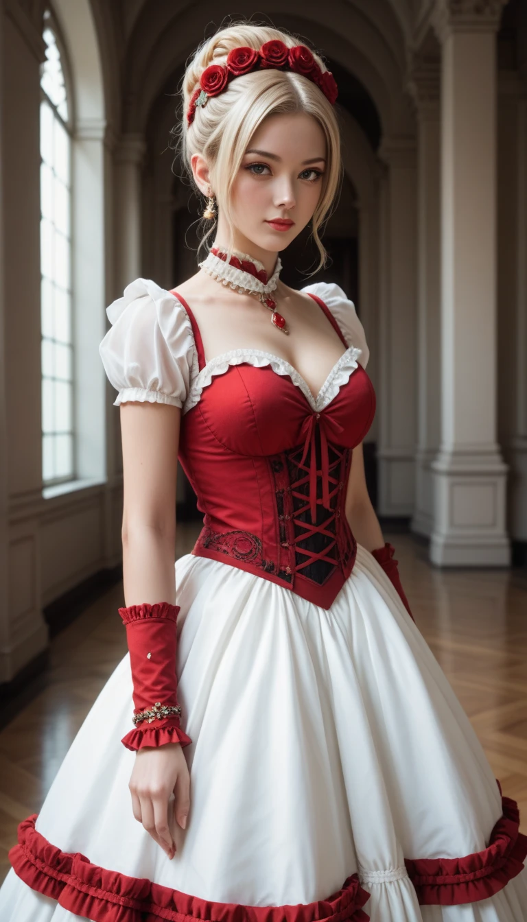  masterpieces ， top image quality ， Beautiful bust of a lady in the court ，Light blonde hairstyle ， adorned with exquisite jewelry ，. Upscale exquisite detail rendering。Anime,red costumes faench lolita dress, full view ,Standing tall