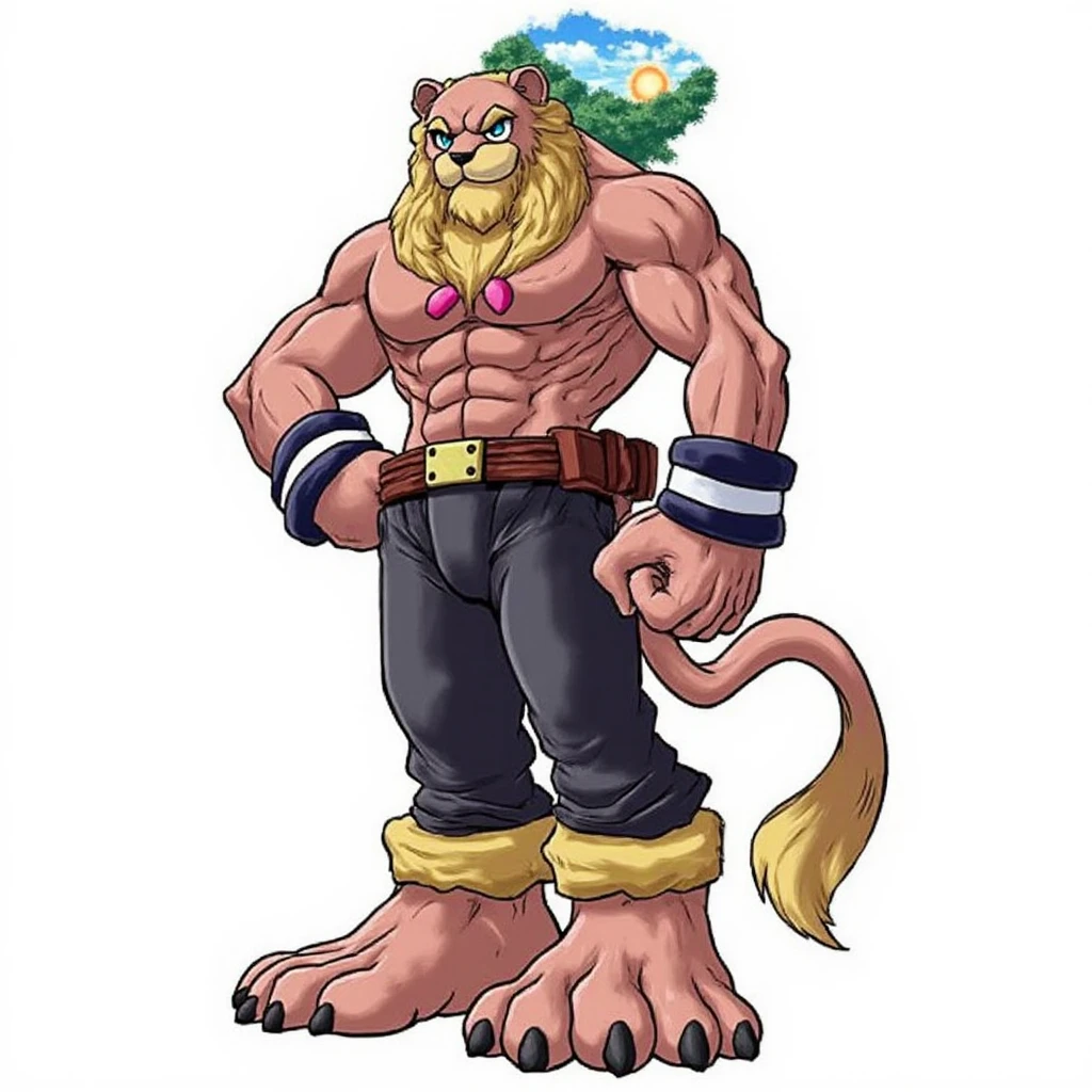 leomon, white eyes,yellow body, (pose:1.3), (posing:1.3), (soft shading), 4k, hi res, five fingers, detailed hands, ((detailed face, (detailed eyes:1.3), detailed)), (full body focus),(by takahirosi:1.5), solo, looking at viewer, 1boy,white background, standing,((bottomless)), male focus, abs, bicepsm,legs,feet, flexing, smile,