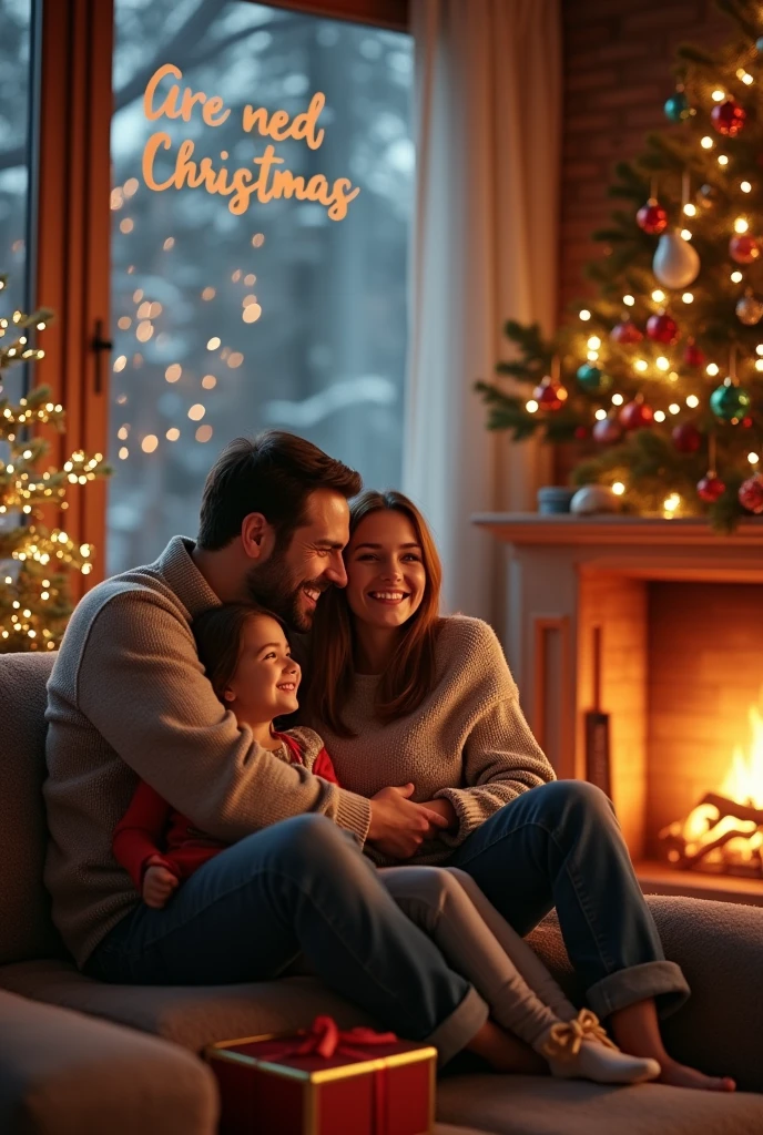 In a winter eve of Christmas young mom,dad and baby sitting in front of fireplace. Snowfall outside the window, a black cat with them