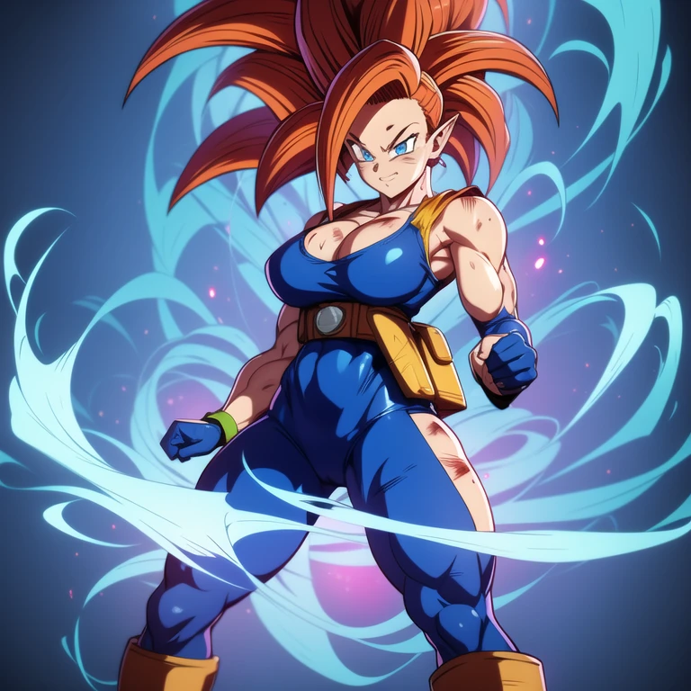 dbsuper style, 1
Girl, captain mizuki, green aura, super saiyan's aura, belt, pointed ears, elf ears, Red colored hair, huge hair, bruise, bruise on face, clenched hands, frown, gloves, blue eyes, grey gloves, evil grin, medium breasts, Aura around her, solo, high ponytail, mouth opened, furious, saiyan armor, armor,  powering up aura
, ((masterpiece)) 
